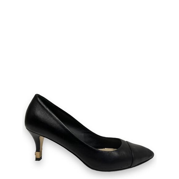 CHANEL Black Leather Cap Toe Pointy Gold CC Pearl Pumps Heels Size EU 38 US 8 - Picture 1 of 10